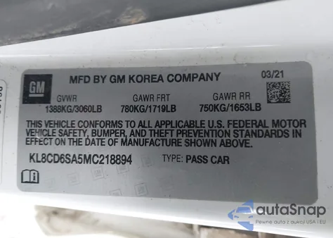 2021 Chevrolet Spark Fwd 1Lt Automatic z USA, uszkodzony, nr VIN KL8CD6SA5MC218894